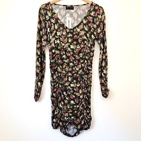 NEW NWT URBAN OUTFITTERS Dalton Ruched Mini Dress Black Floral 90s 00s Y2K Small - Picture 2 of 11